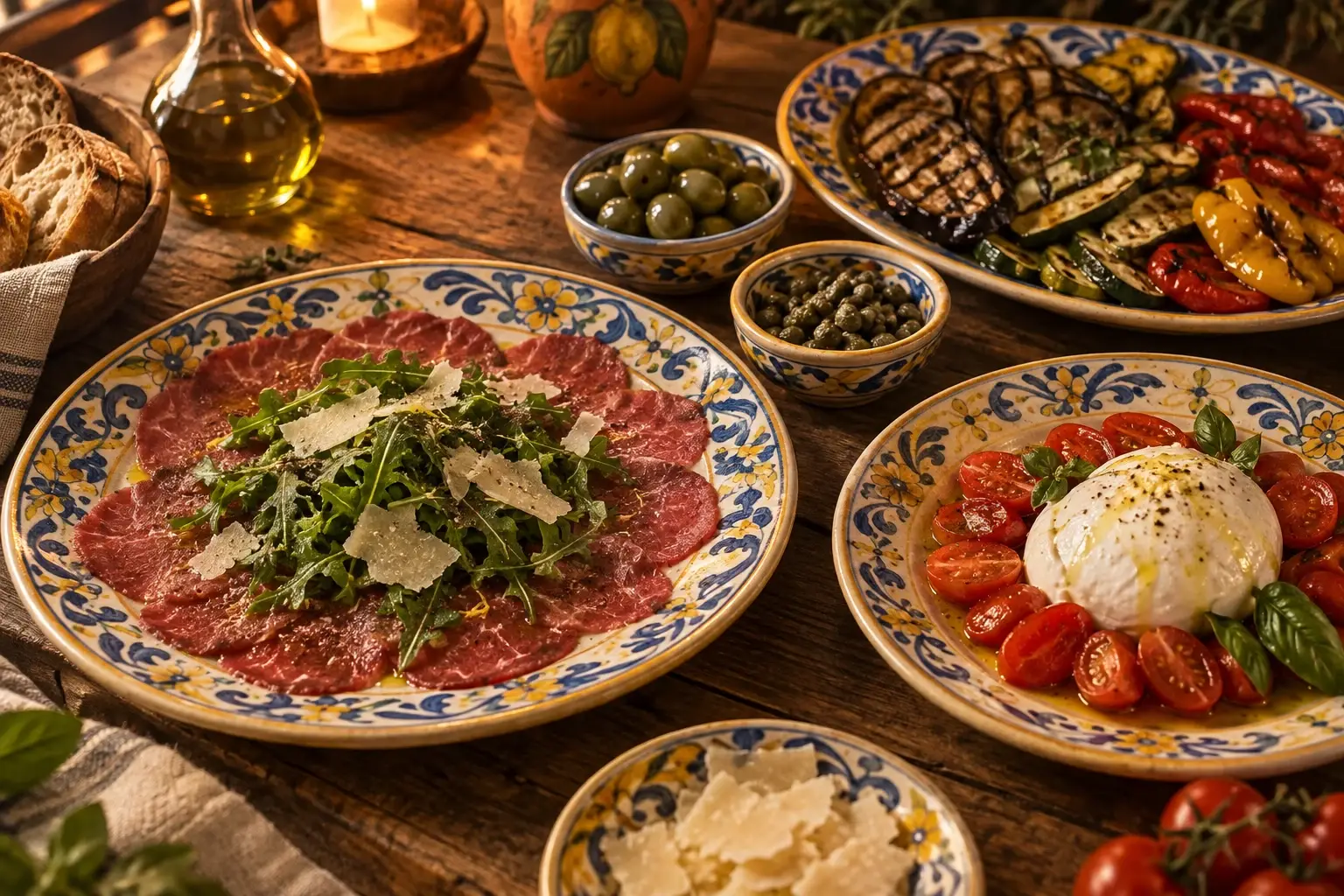 Antipasti auf bemalten Tellern: Carpaccio mit Rucola, Büffelmozzarella mit Tomaten, gegrilltes Gemüse