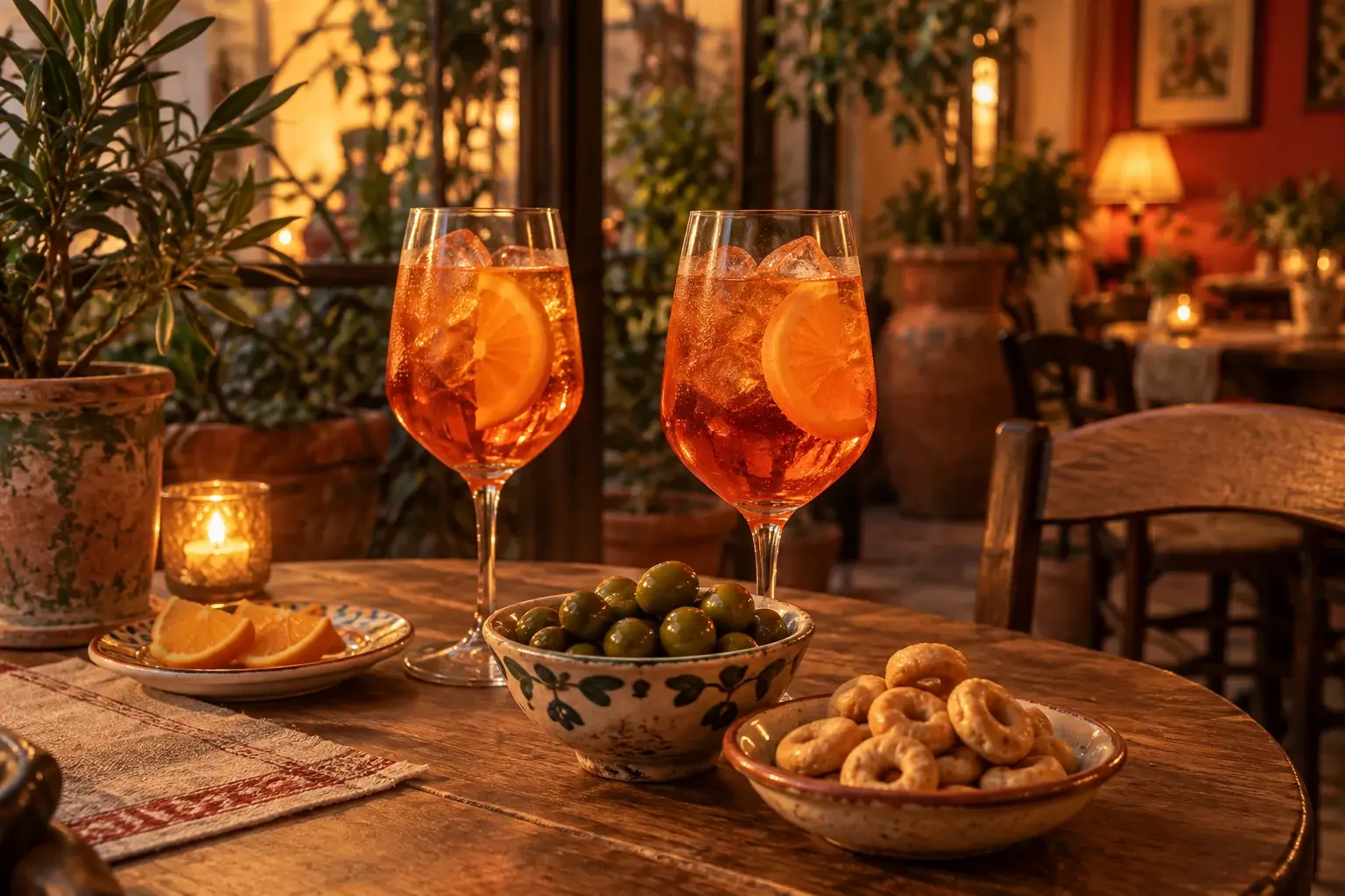 Zwei Gläser Spritz mit Orangenscheiben, Oliven und Taralli auf einem Bistrotisch