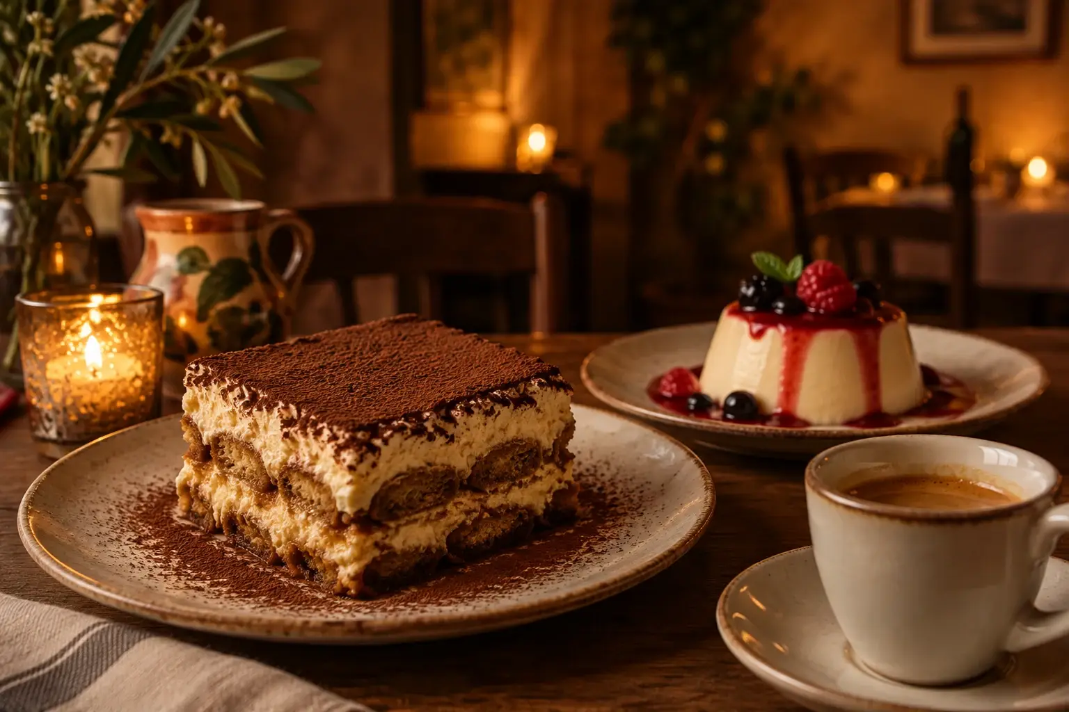 Tiramisù und Panna Cotta mit Beerensauce, daneben ein Espresso