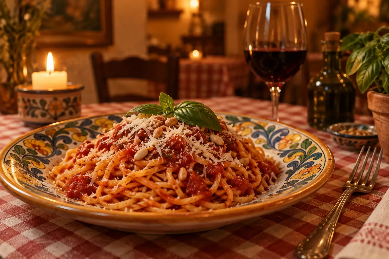 Teller mit Tagliolini in Tomatensauce, Pinienkernen, Parmesan und Basilikum