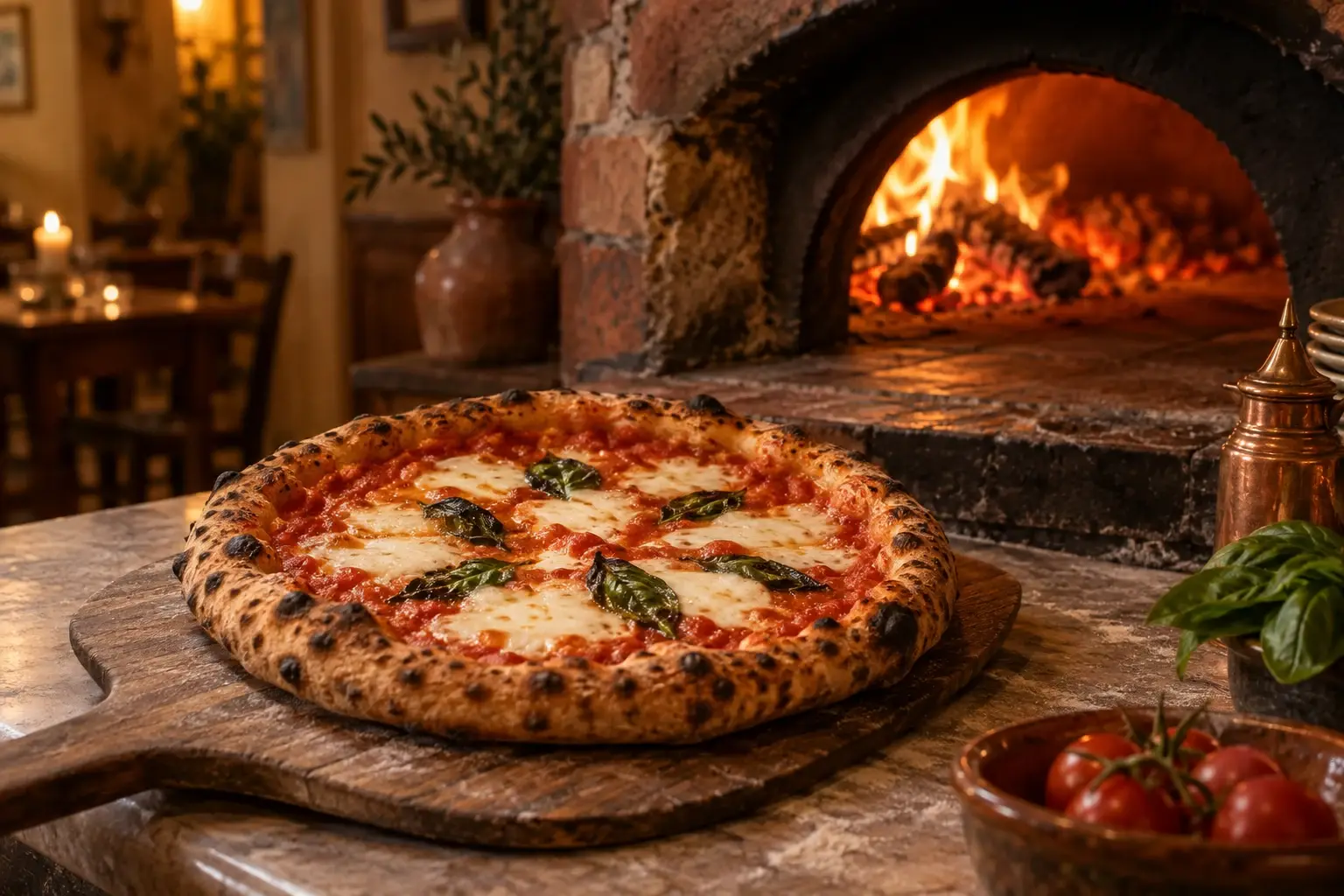 Pizza Margherita auf einem Holzschieber vor einem brennenden Steinofen