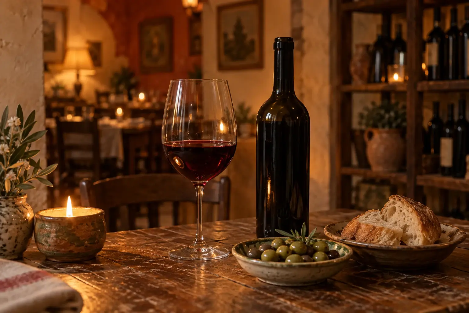 Glas Rotwein mit Flasche, Oliven und Brot bei Kerzenlicht