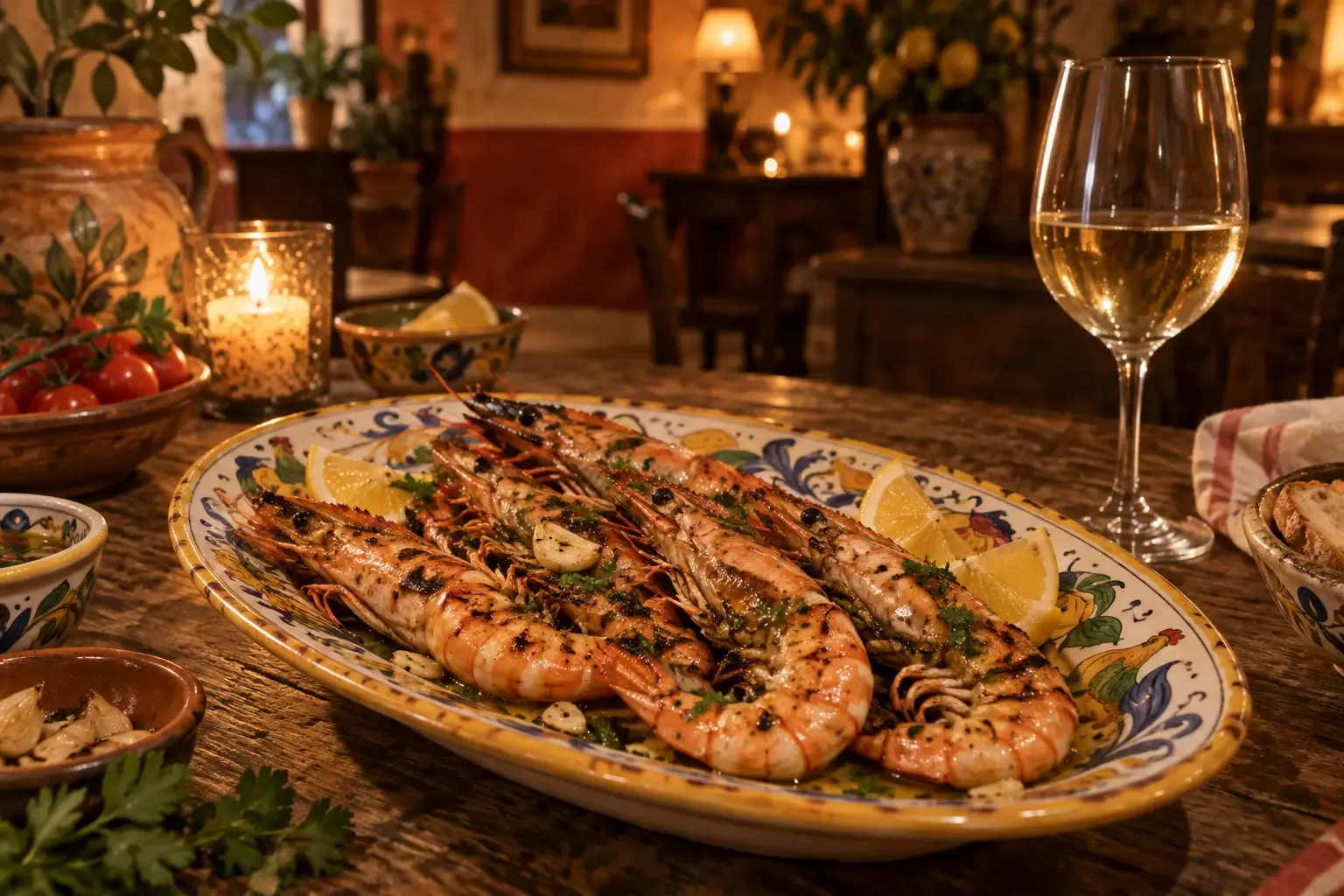 Gegrillte Großgarnelen mit Zitrone und Petersilie, dazu ein Glas Weißwein