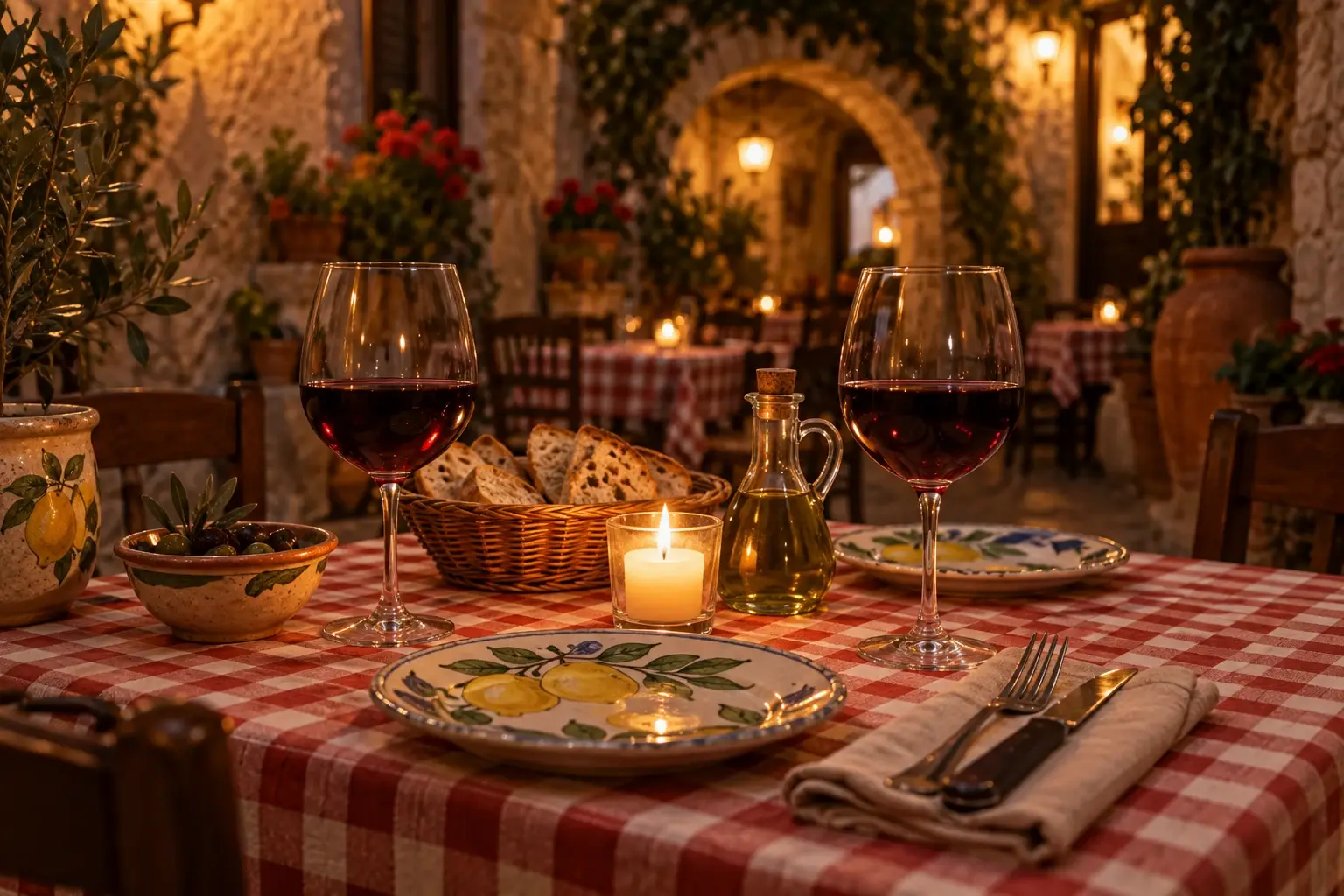 Gedeckter Tisch am Abend mit rot-weiß karierter Decke, Rotwein, Brot und Kerzenlicht