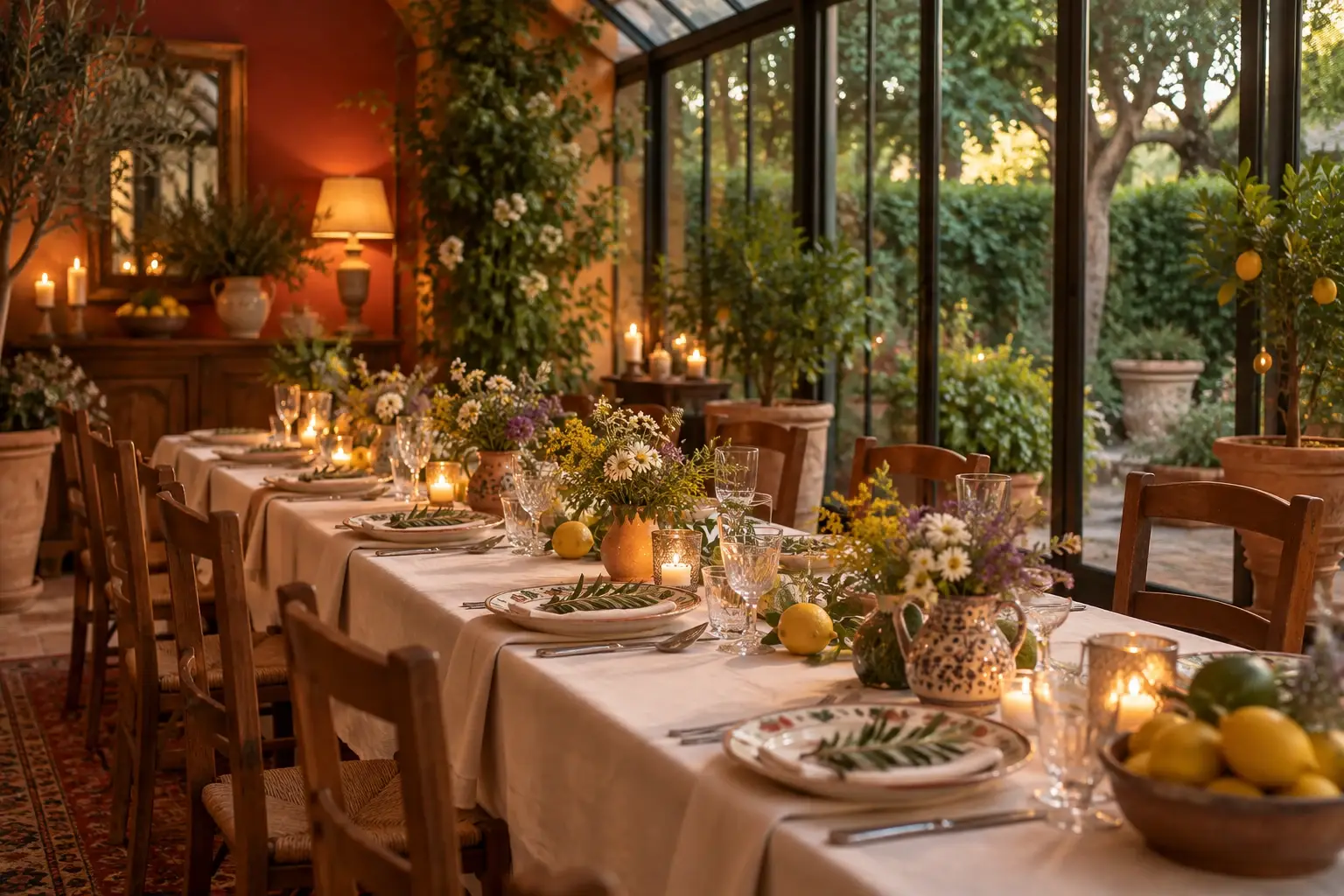 Heller Wintergarten mit festlich gedeckter langer Tafel und Blumen