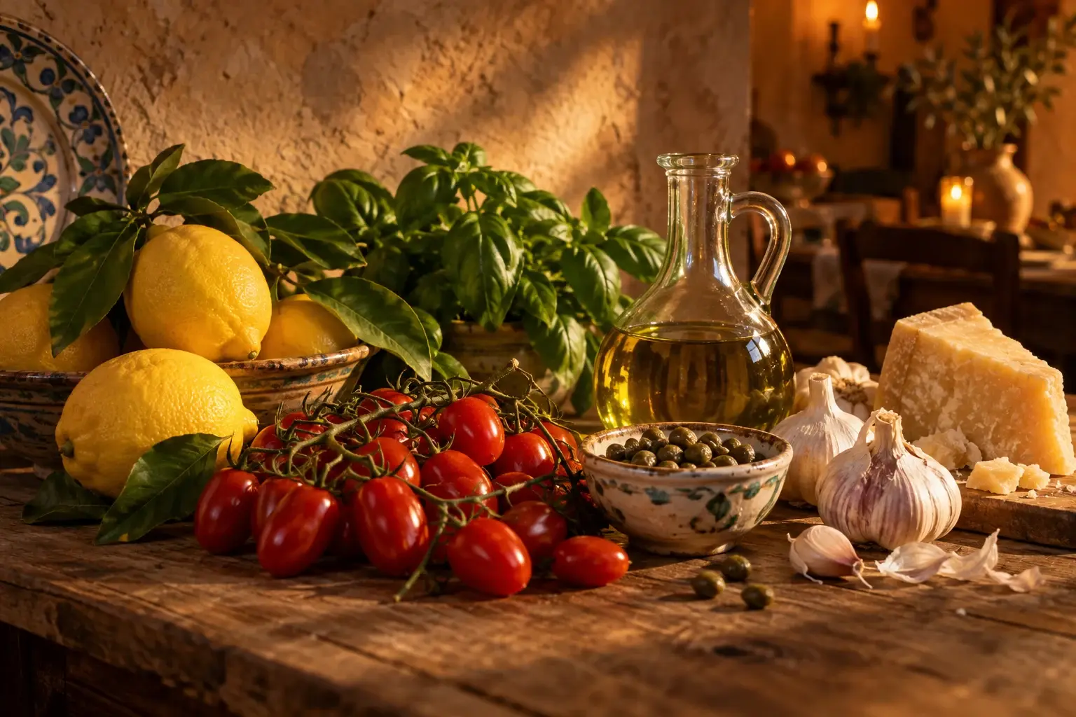 Zitronen, Kirschtomaten, Basilikum, Olivenöl, Kapern und Parmesan auf einem Holztisch